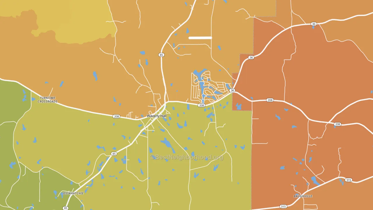 Map of the best neighborhoods in the Waverly Hall area, with better matches in green and worse matches in red
