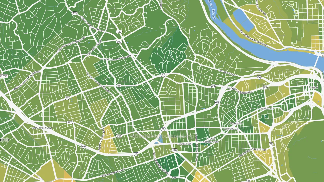 Map of the best neighborhoods in the Waverly Hills, Arlington area, with better matches in green and worse matches in red