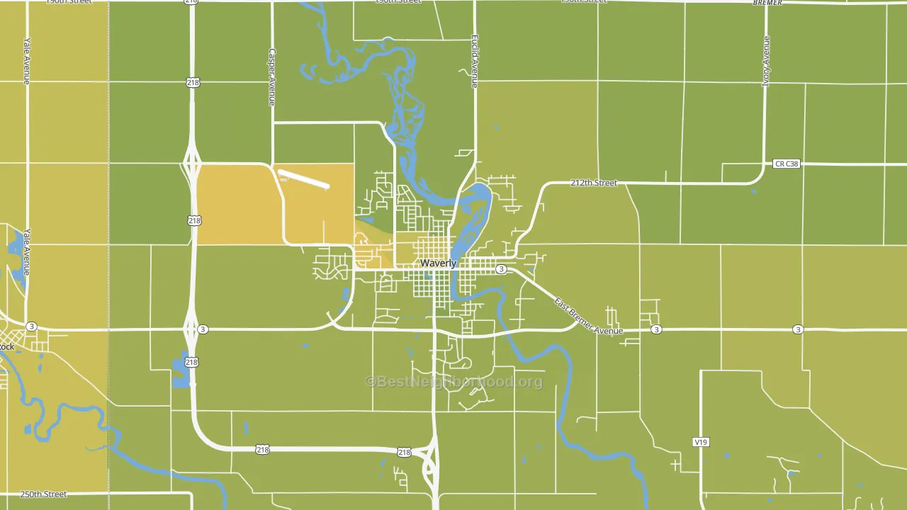 Map of the best neighborhoods in the Waverly area, with better matches in green and worse matches in red