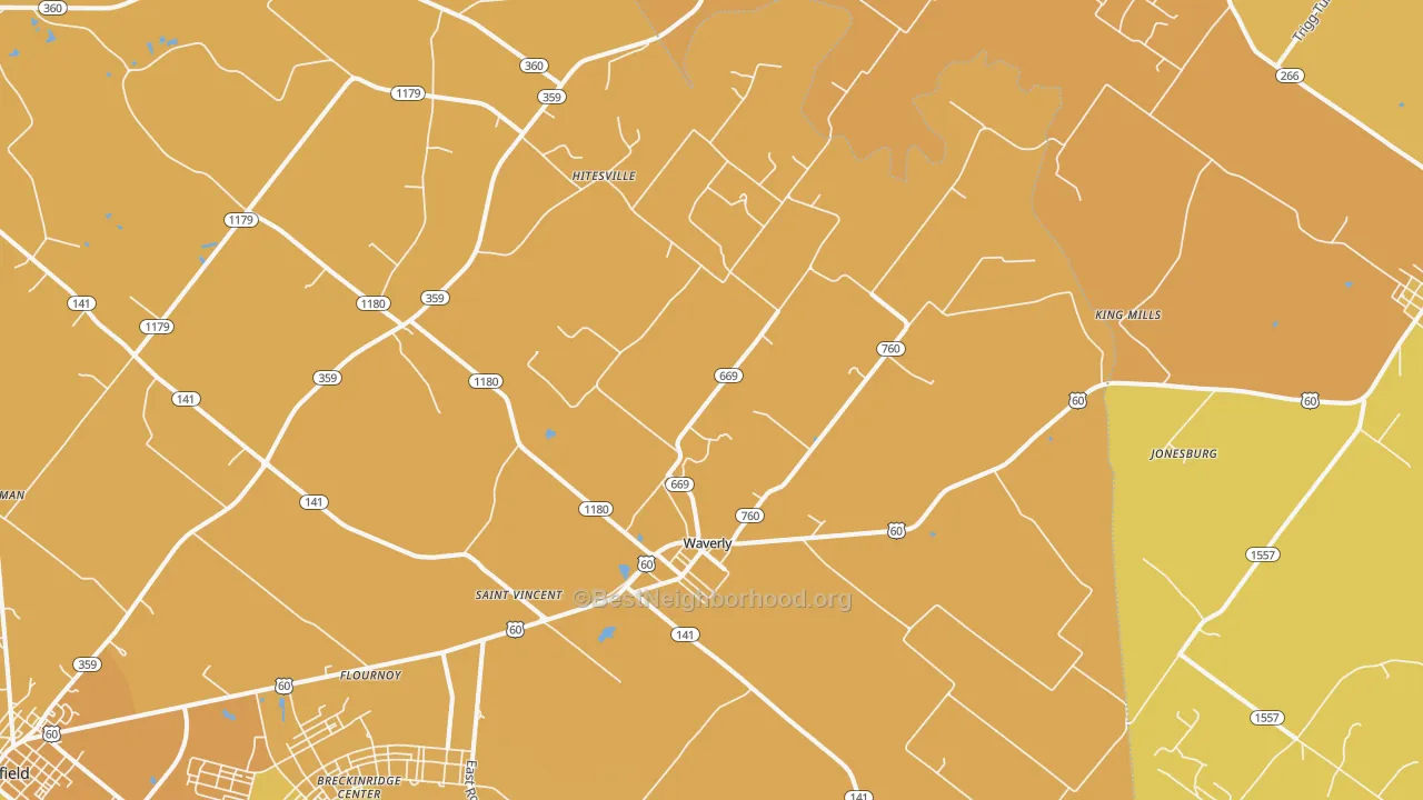 Map of the best neighborhoods in the Waverly area, with better matches in green and worse matches in red