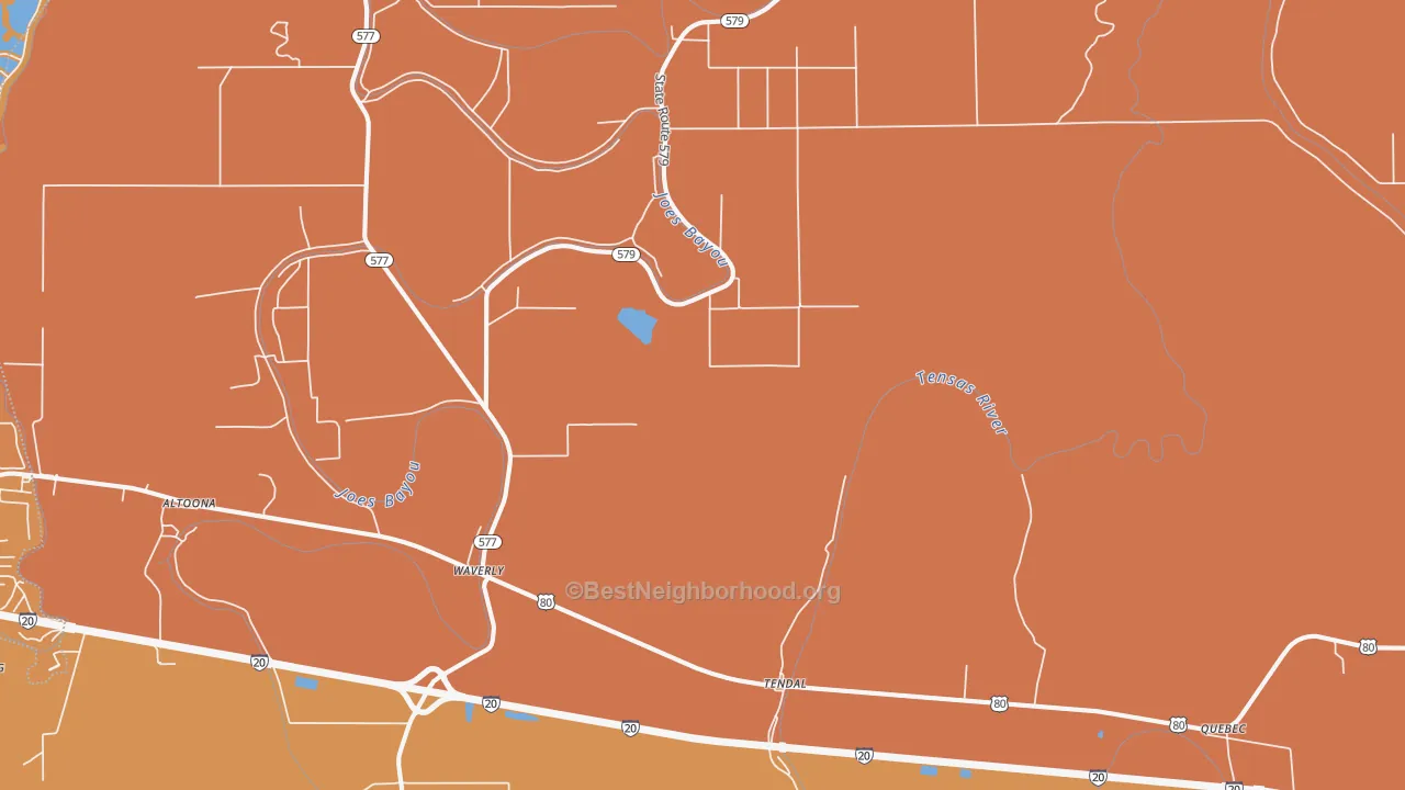 Map of the best neighborhoods in the Waverly area, with better matches in green and worse matches in red