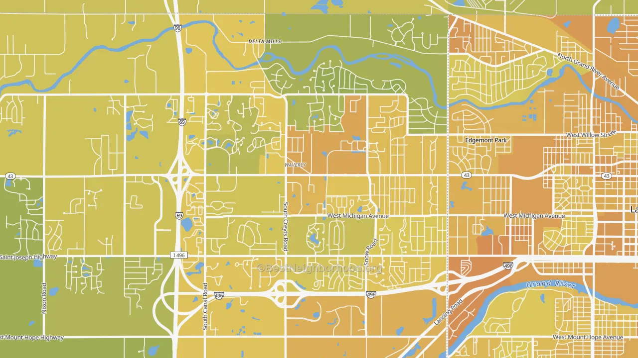 Map of the best neighborhoods in the Waverly area, with better matches in green and worse matches in red