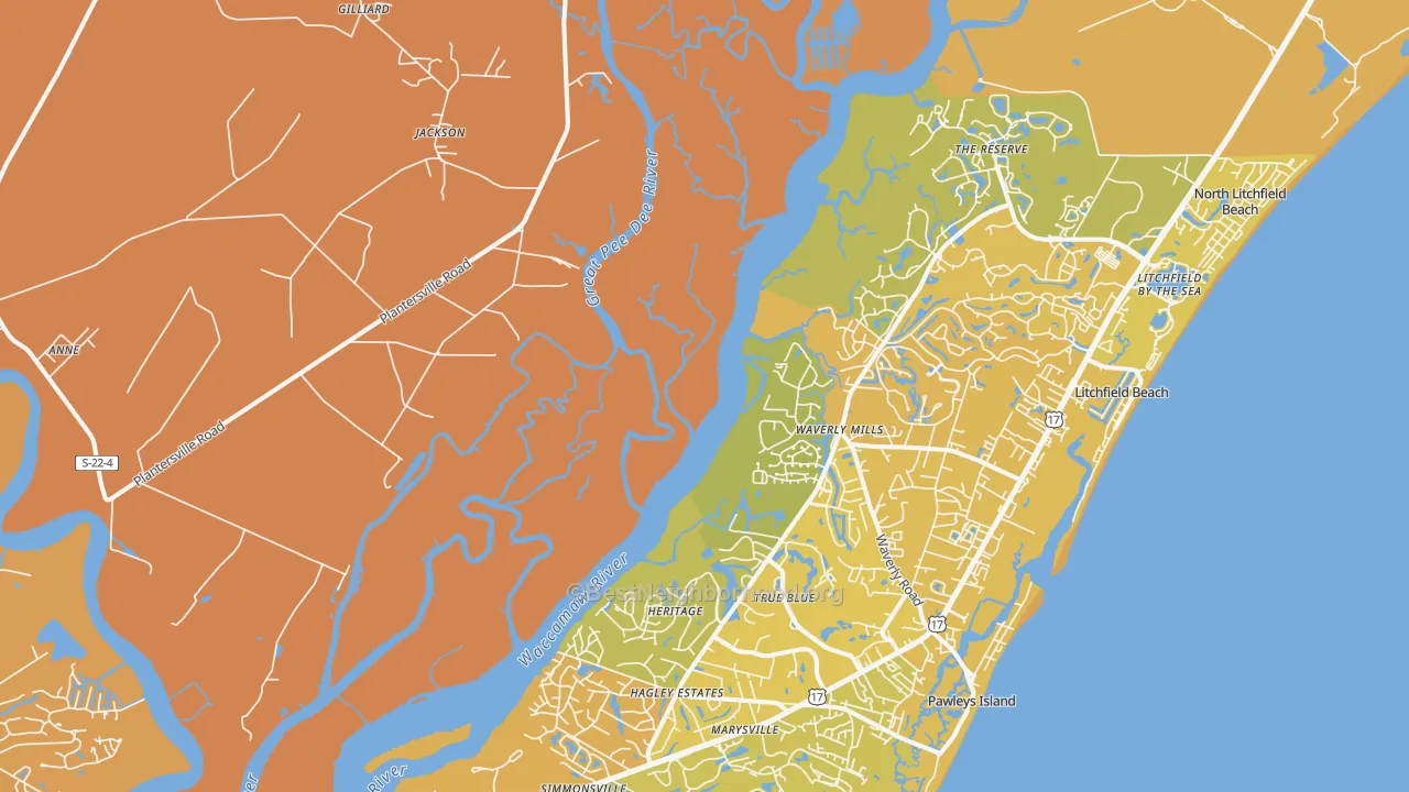 Map of the best neighborhoods in the Waverly Mills area, with better matches in green and worse matches in red