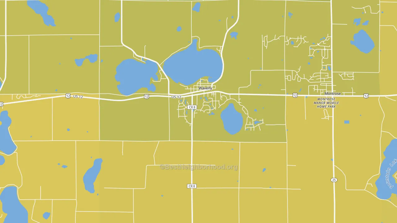 Map of the best neighborhoods in the Waverly area, with better matches in green and worse matches in red