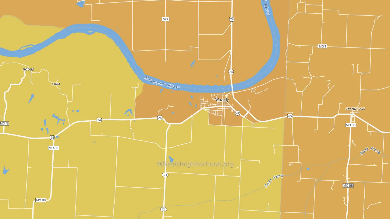 Map of the best neighborhoods in the Waverly area, with better matches in green and worse matches in red