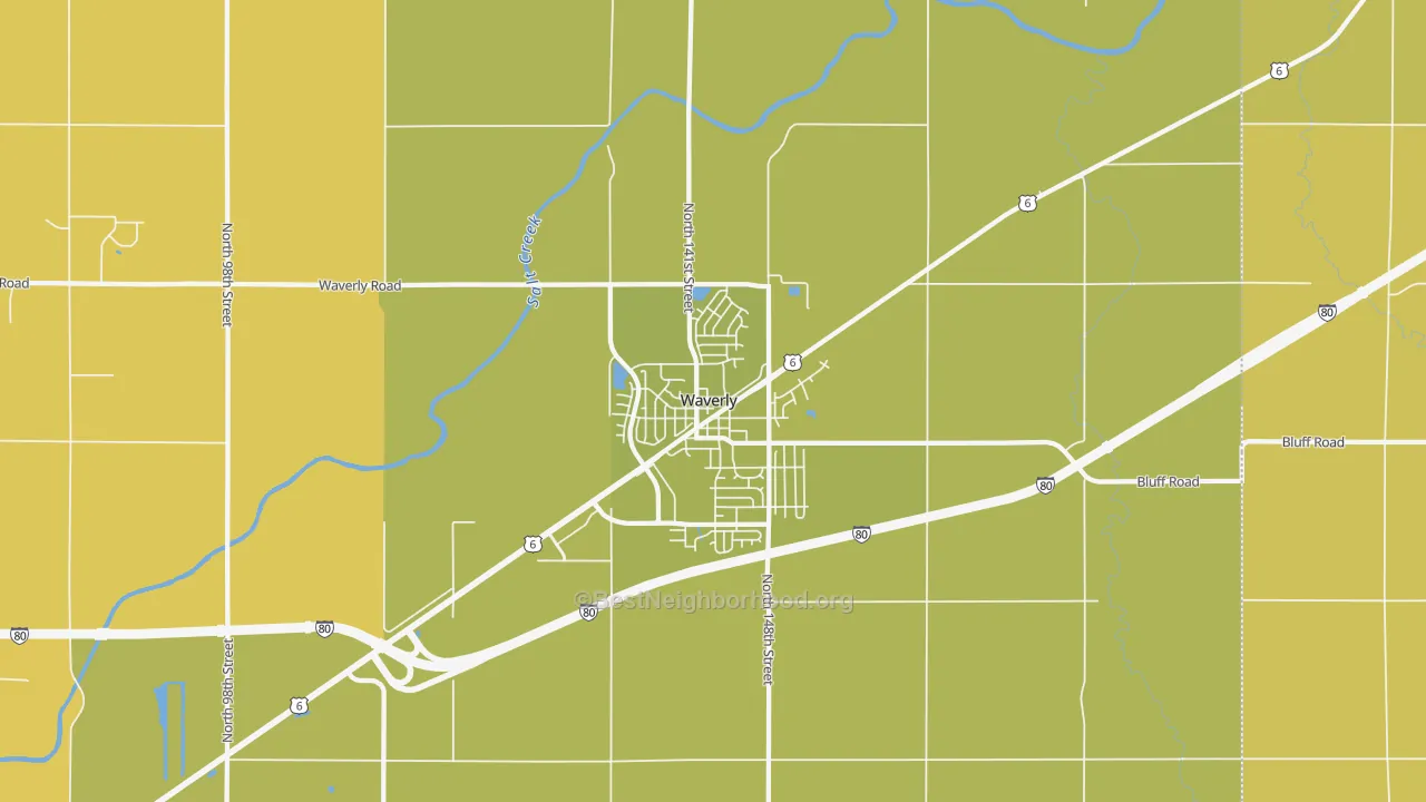 Map of the best neighborhoods in the Waverly area, with better matches in green and worse matches in red