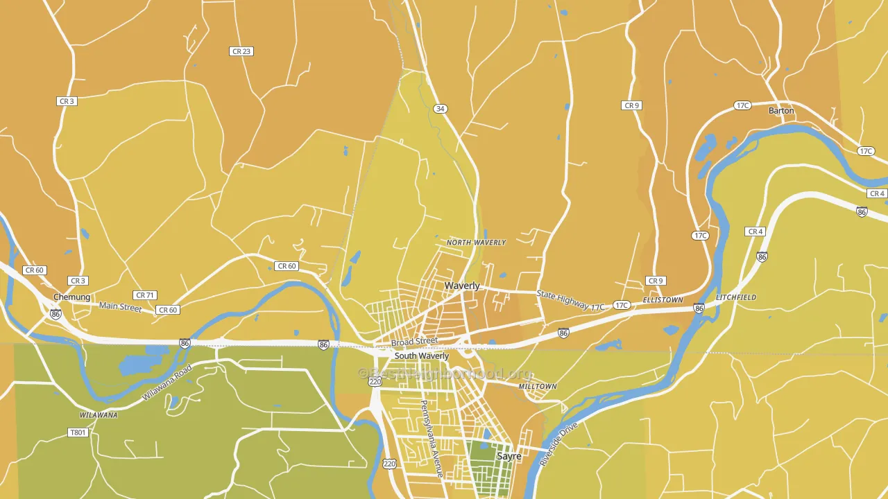 Map of the best neighborhoods in the Waverly area, with better matches in green and worse matches in red