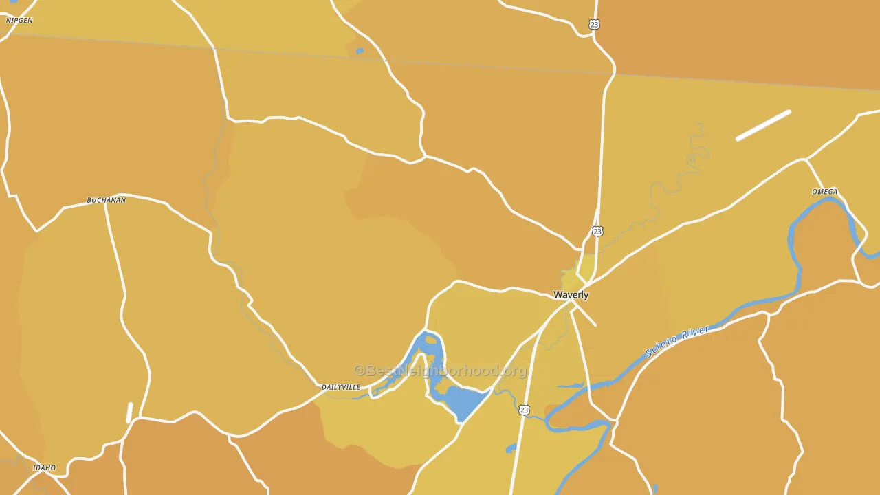 Map of the best neighborhoods in the Waverly area, with better matches in green and worse matches in red