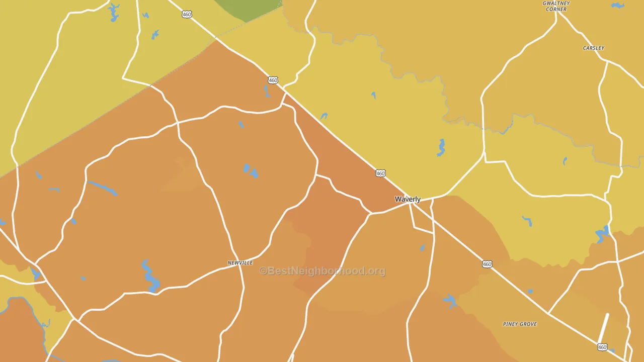 Map of the best neighborhoods in the Waverly area, with better matches in green and worse matches in red