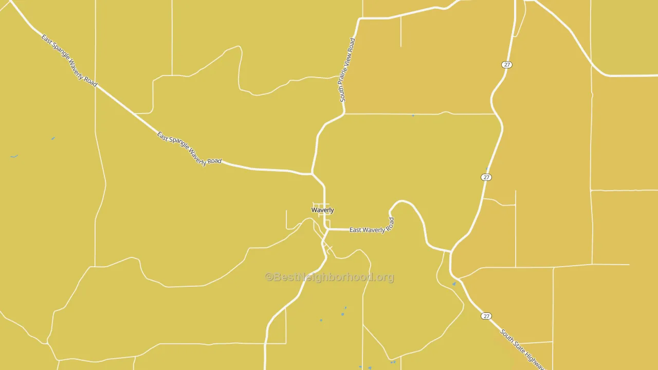 Map of the best neighborhoods in the Waverly area, with better matches in green and worse matches in red
