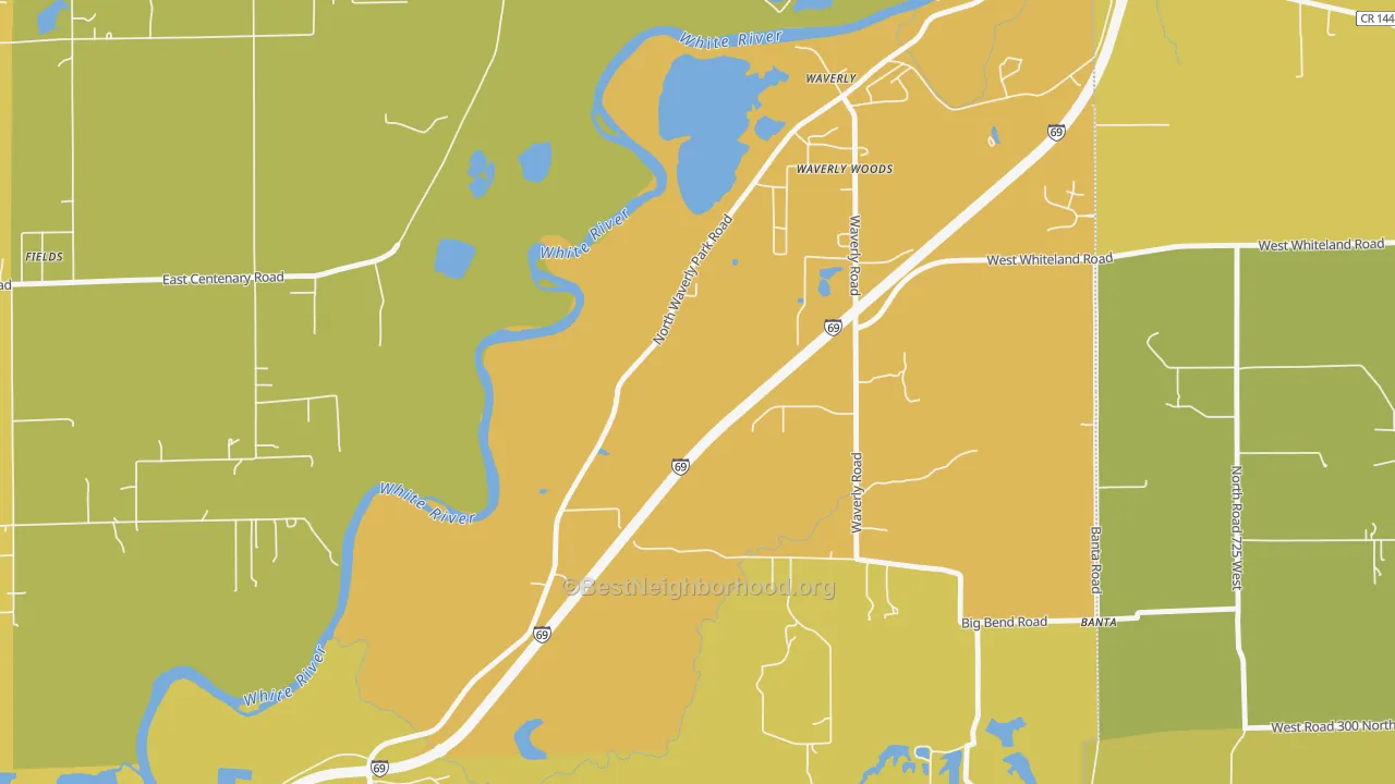 Map of the best neighborhoods in the Waverly Woods area, with better matches in green and worse matches in red