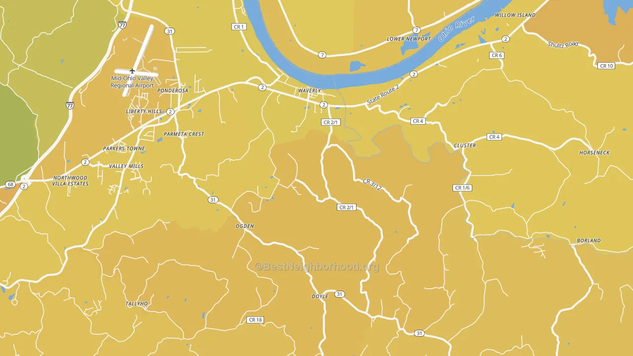 Map of the best neighborhoods in the Waverly area, with better matches in green and worse matches in red