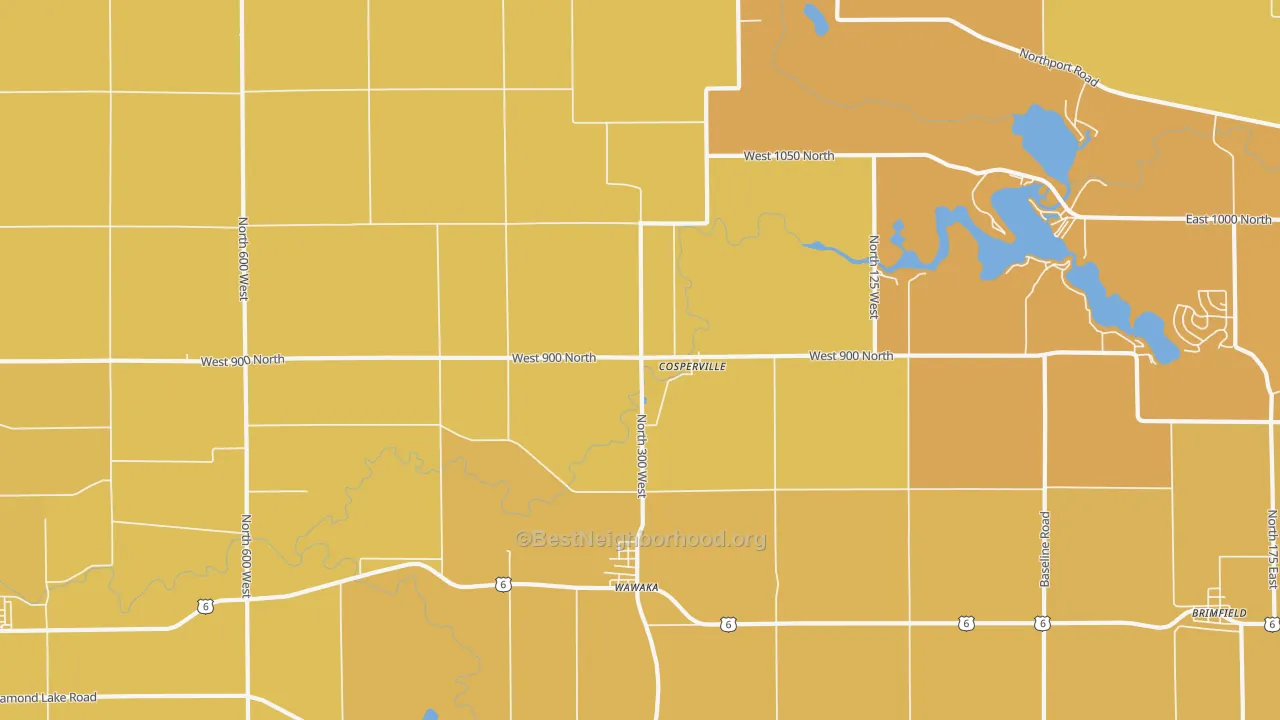 Map of the best neighborhoods in the Wawaka area, with better matches in green and worse matches in red