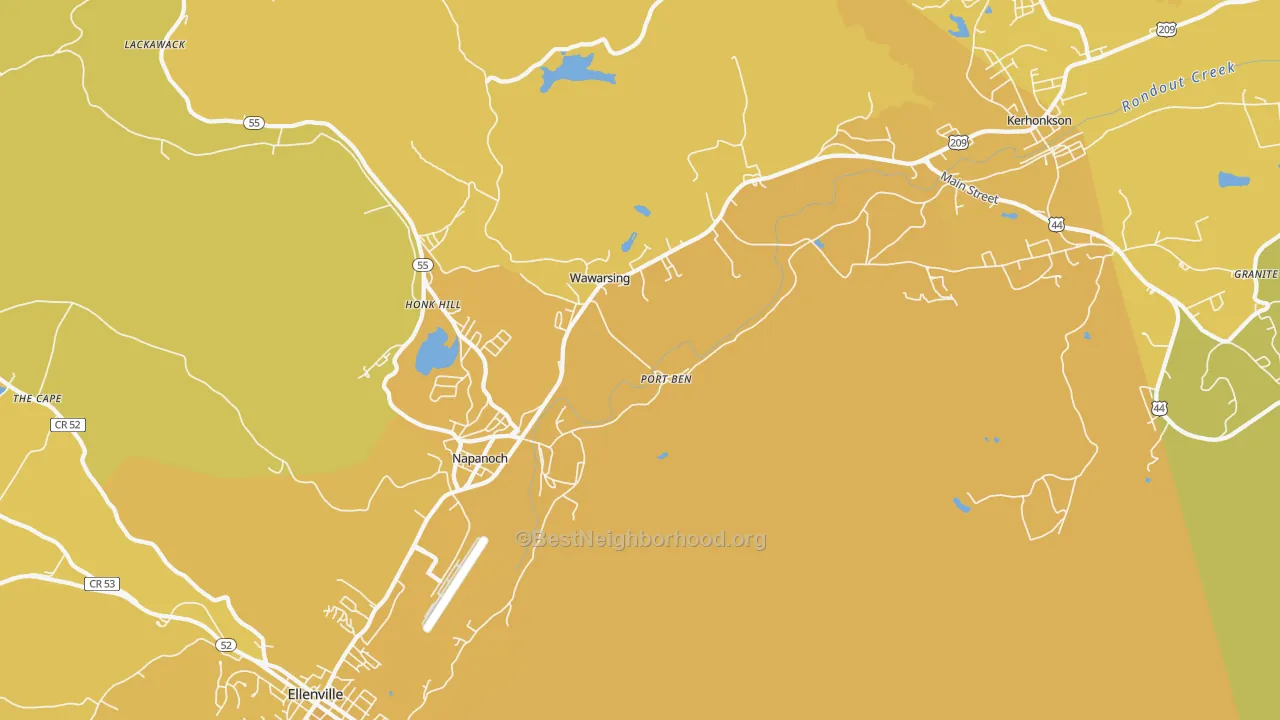 Map of the best neighborhoods in the Wawarsing area, with better matches in green and worse matches in red