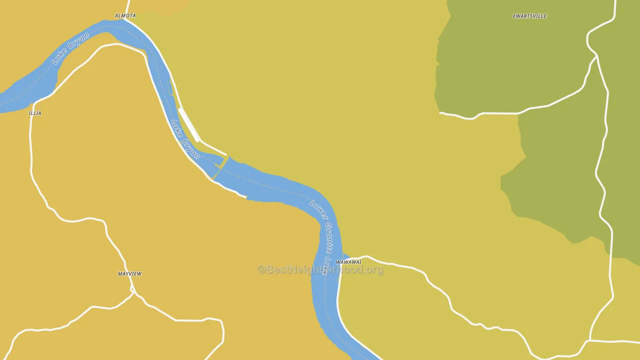Map of the best neighborhoods in the Wawawai area, with better matches in green and worse matches in red