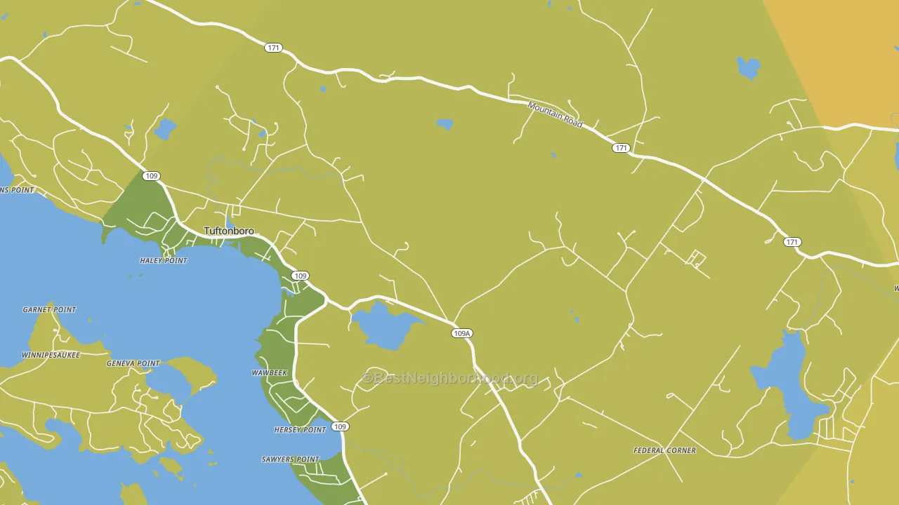Map of the best neighborhoods in the Wawbeek area, with better matches in green and worse matches in red