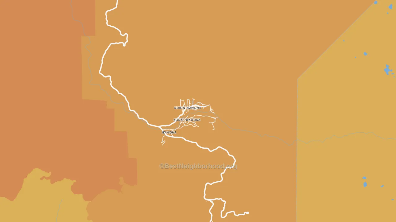 Map of the best neighborhoods in the Wawona area, with better matches in green and worse matches in red