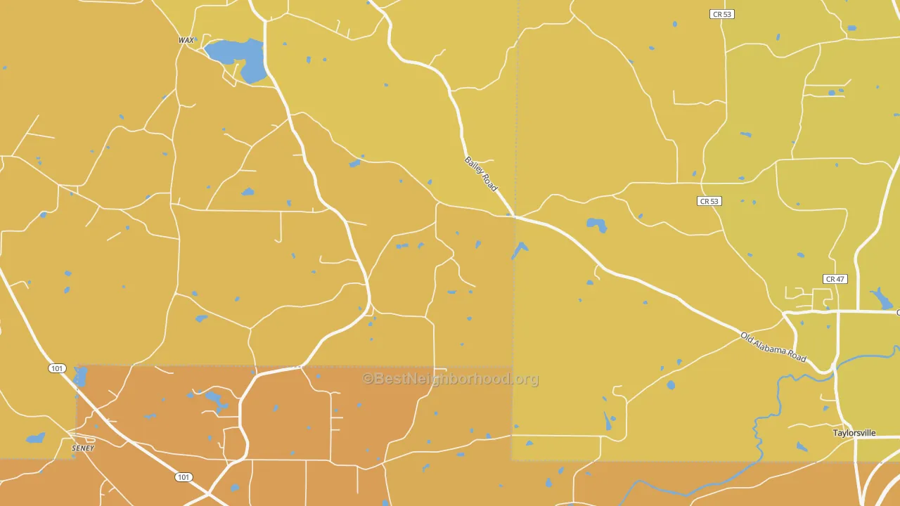 Map of the best neighborhoods in the Wax area, with better matches in green and worse matches in red