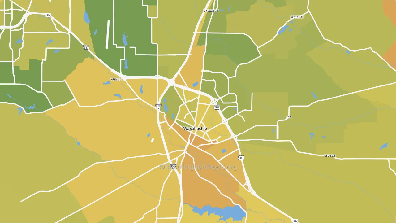 Map of the best neighborhoods in the Waxahachie area, with better matches in green and worse matches in red