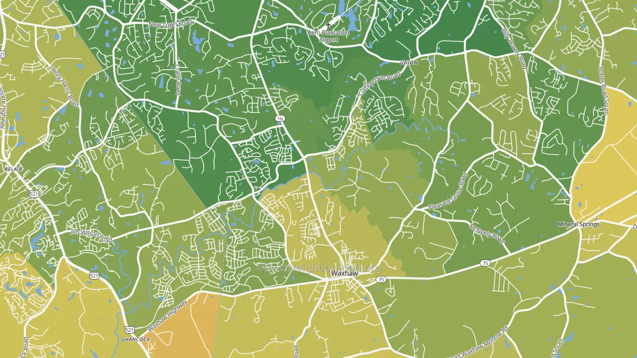 Map of the best neighborhoods in the Waxhaw area, with better matches in green and worse matches in red