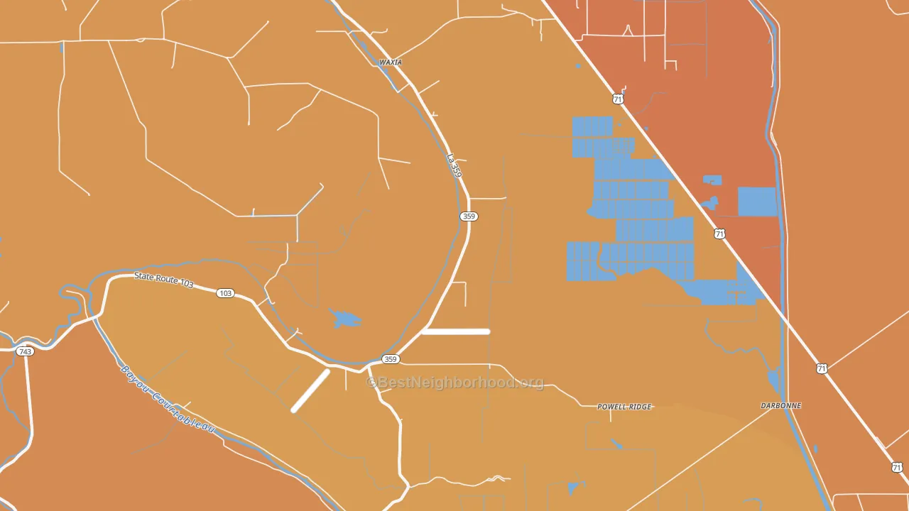 Map of the best neighborhoods in the Waxia area, with better matches in green and worse matches in red