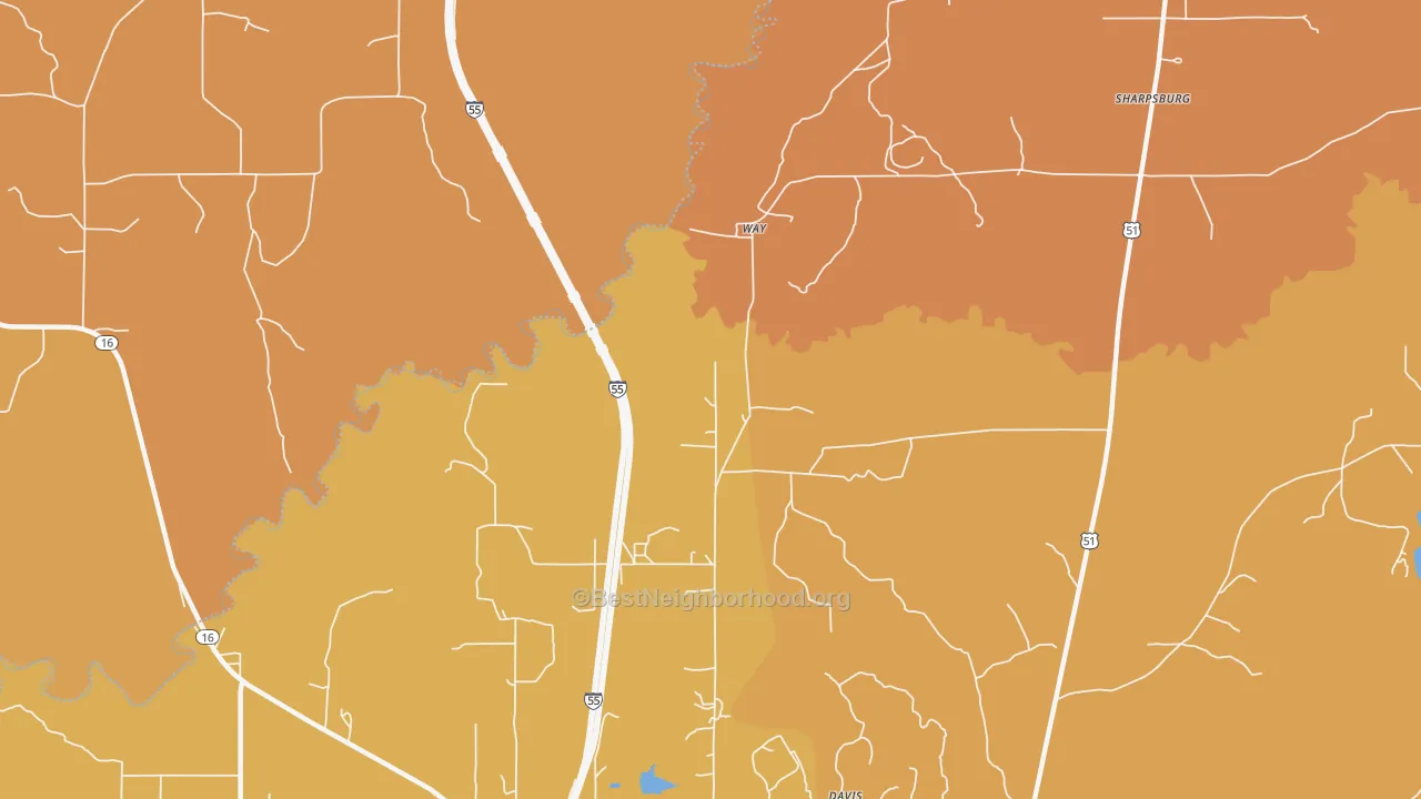 Map of the best neighborhoods in the Way area, with better matches in green and worse matches in red