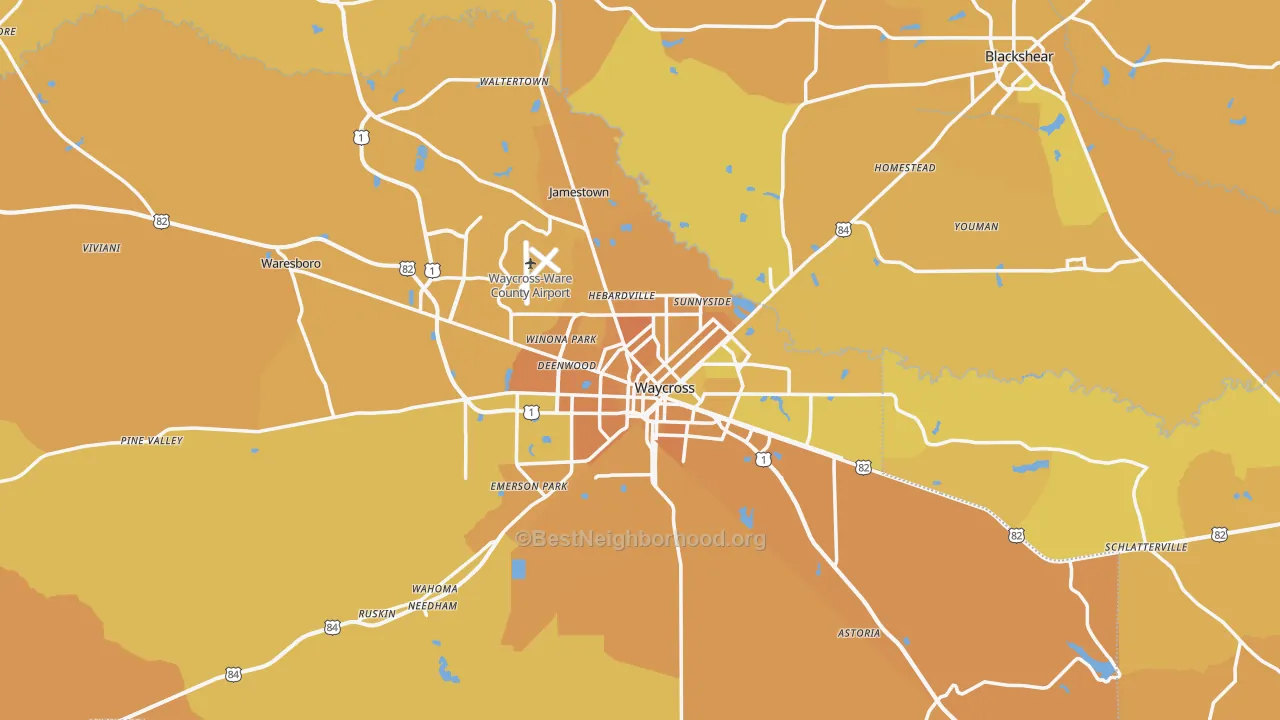 Map of the best neighborhoods in the Waycross area, with better matches in green and worse matches in red