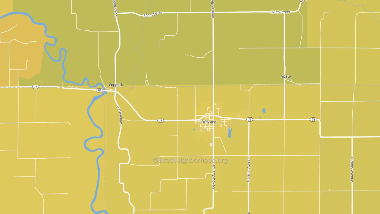 Map of the best neighborhoods in the Wayland area, with better matches in green and worse matches in red