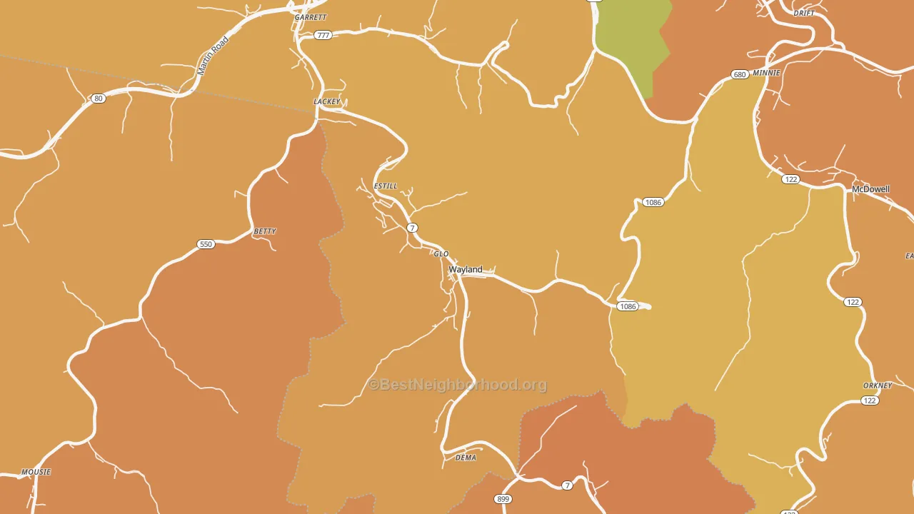 Map of the best neighborhoods in the Wayland area, with better matches in green and worse matches in red