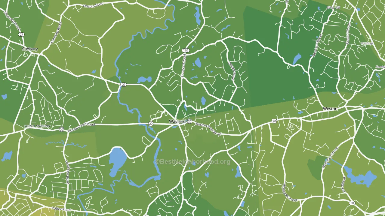 Map of the best neighborhoods in the Wayland area, with better matches in green and worse matches in red
