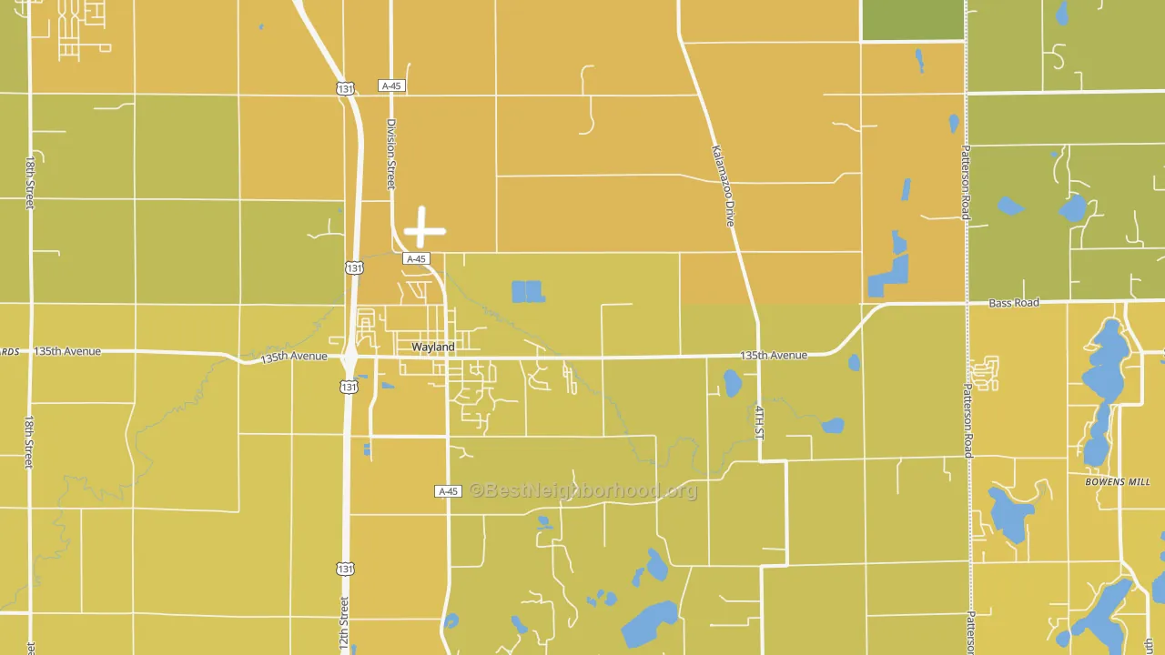 Map of the best neighborhoods in the Wayland area, with better matches in green and worse matches in red