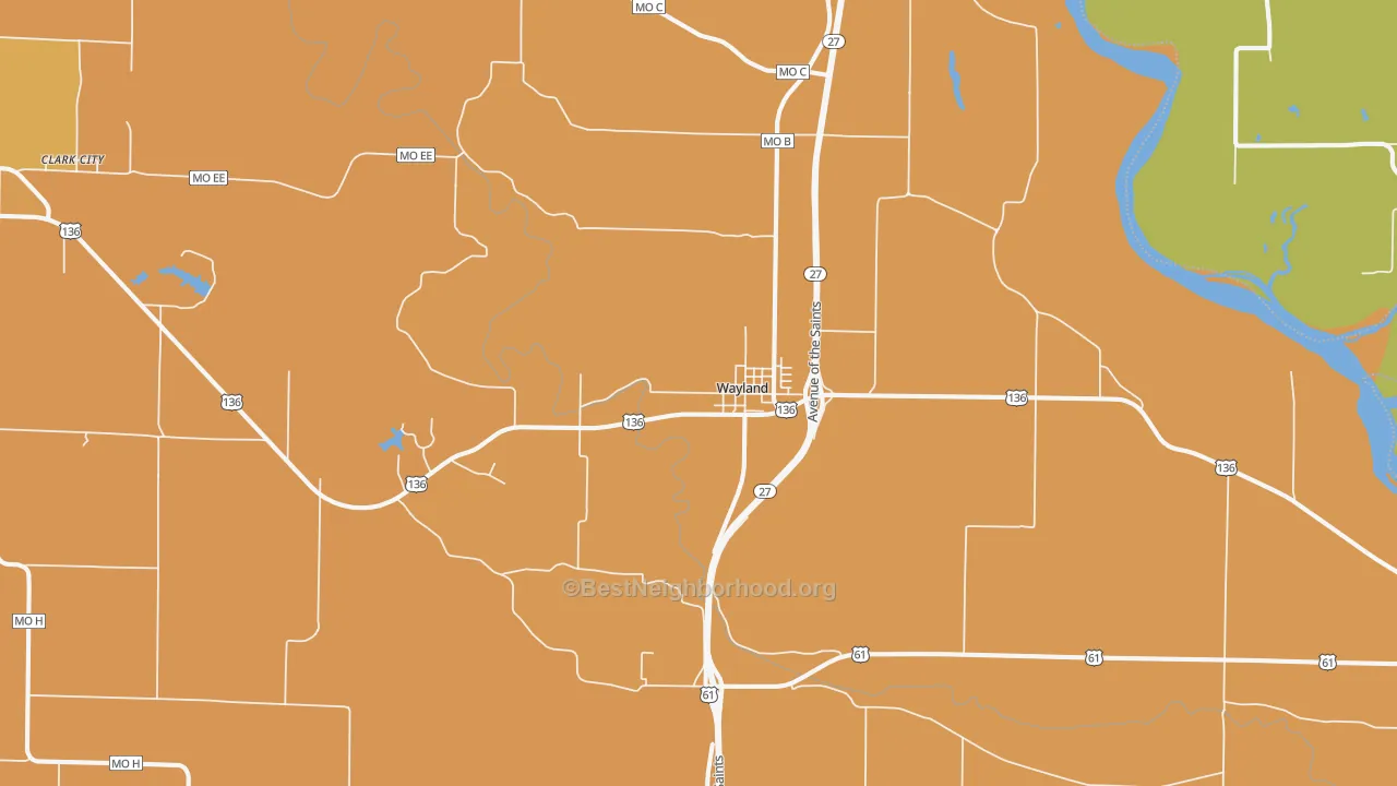 Map of the best neighborhoods in the Wayland area, with better matches in green and worse matches in red