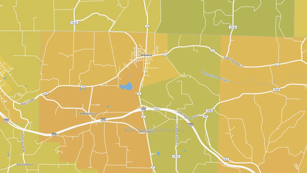 Map of the best neighborhoods in the Wayland area, with better matches in green and worse matches in red