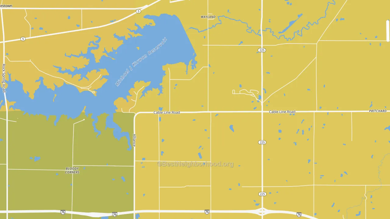 Map of the best neighborhoods in the Wayland area, with better matches in green and worse matches in red