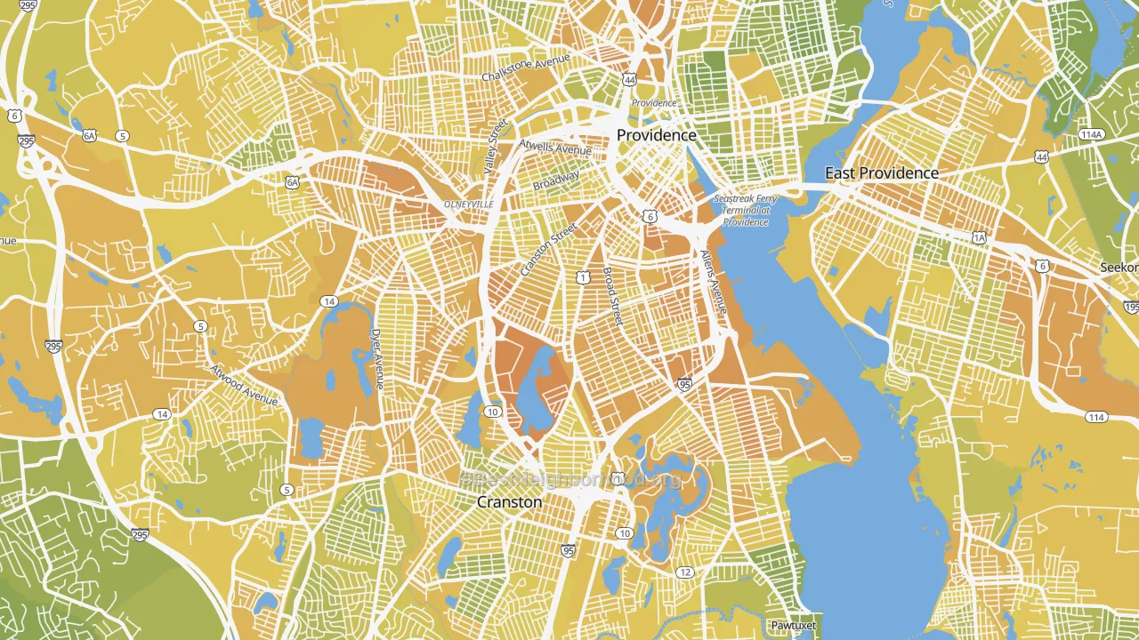 Map of the best neighborhoods in the Wayland, Providence area, with better matches in green and worse matches in red