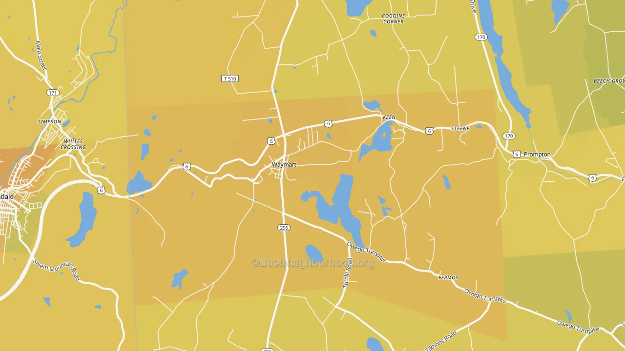 Map of the best neighborhoods in the Waymart area, with better matches in green and worse matches in red