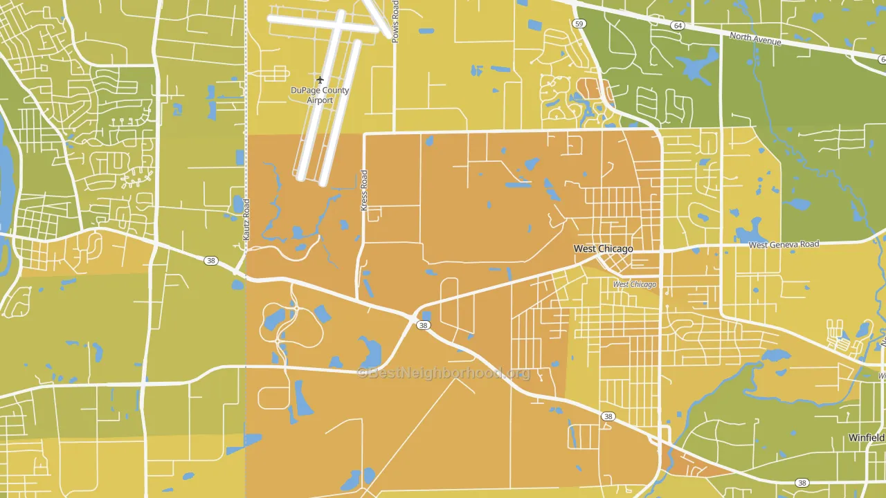 Map of the best neighborhoods in the Wayne Center area, with better matches in green and worse matches in red