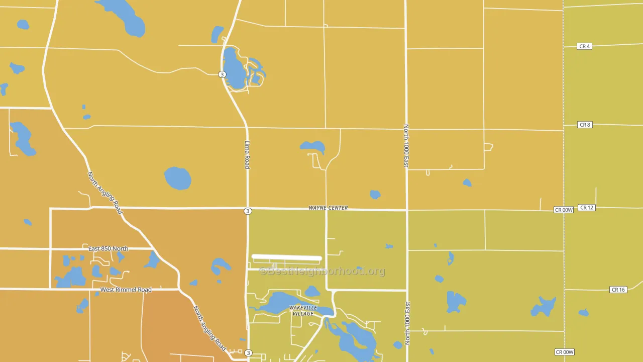 Map of the best neighborhoods in the Wayne Center area, with better matches in green and worse matches in red