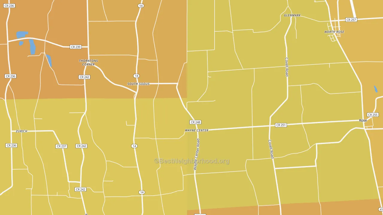 Map of the best neighborhoods in the Wayne Center area, with better matches in green and worse matches in red