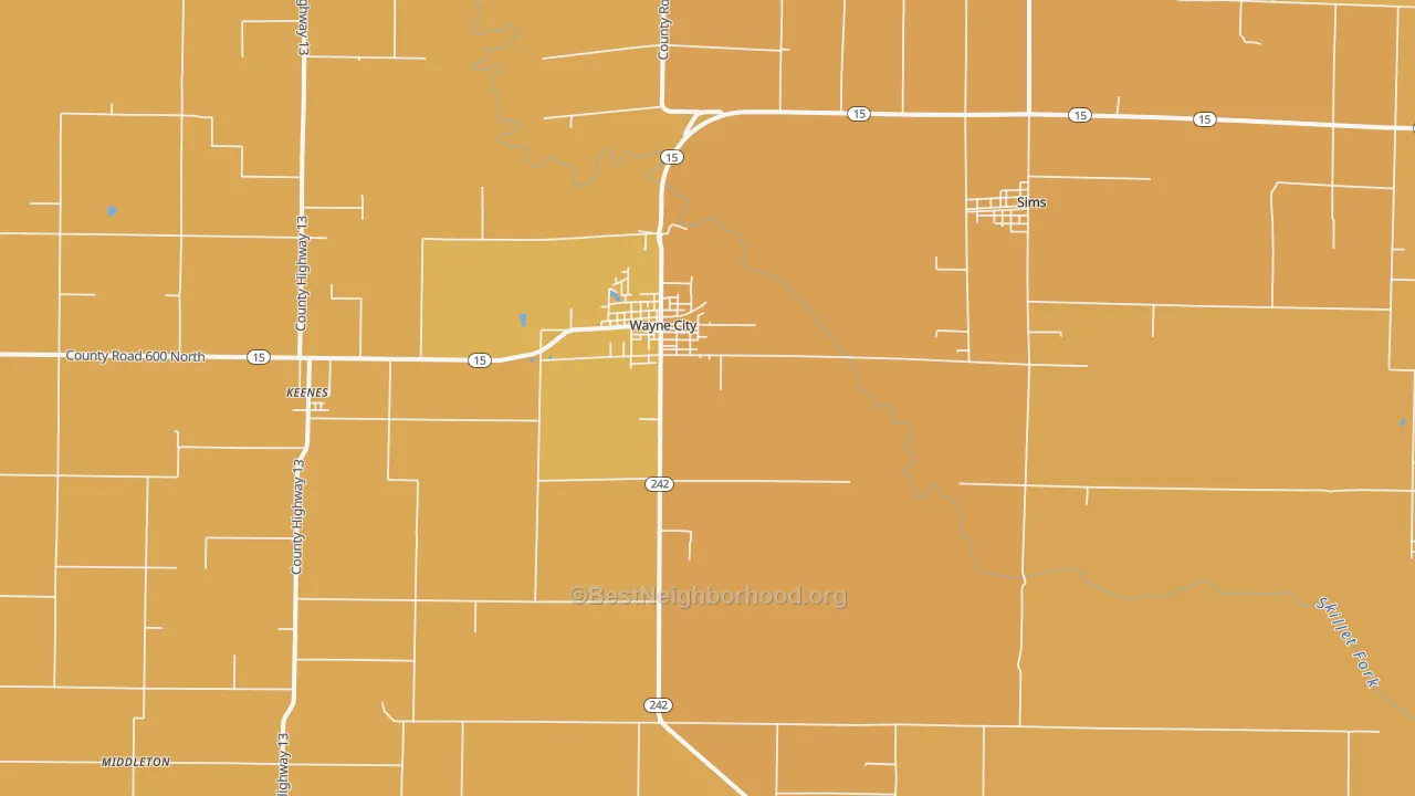 Map of the best neighborhoods in the Wayne City area, with better matches in green and worse matches in red