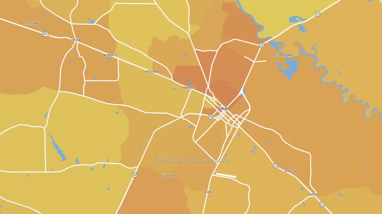 Map of the best neighborhoods in the Wayne County area, with better matches in green and worse matches in red