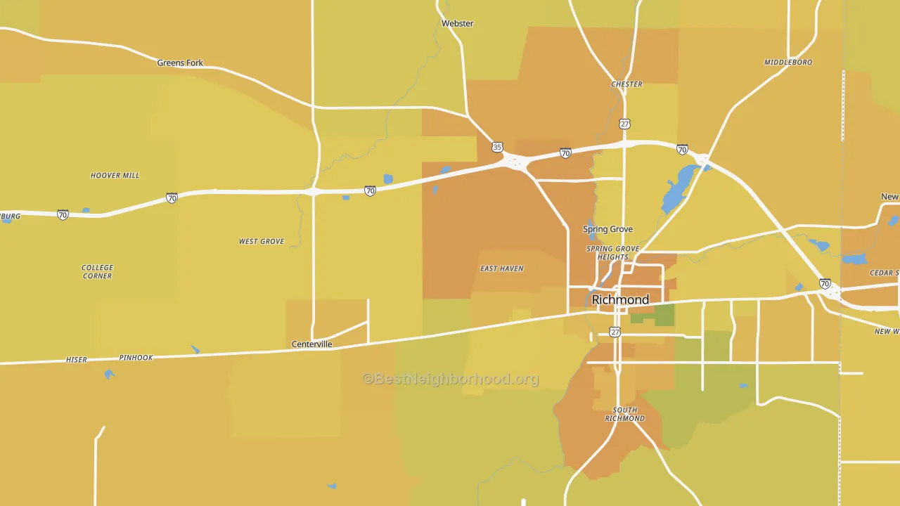 Map of the best neighborhoods in the Wayne County area, with better matches in green and worse matches in red