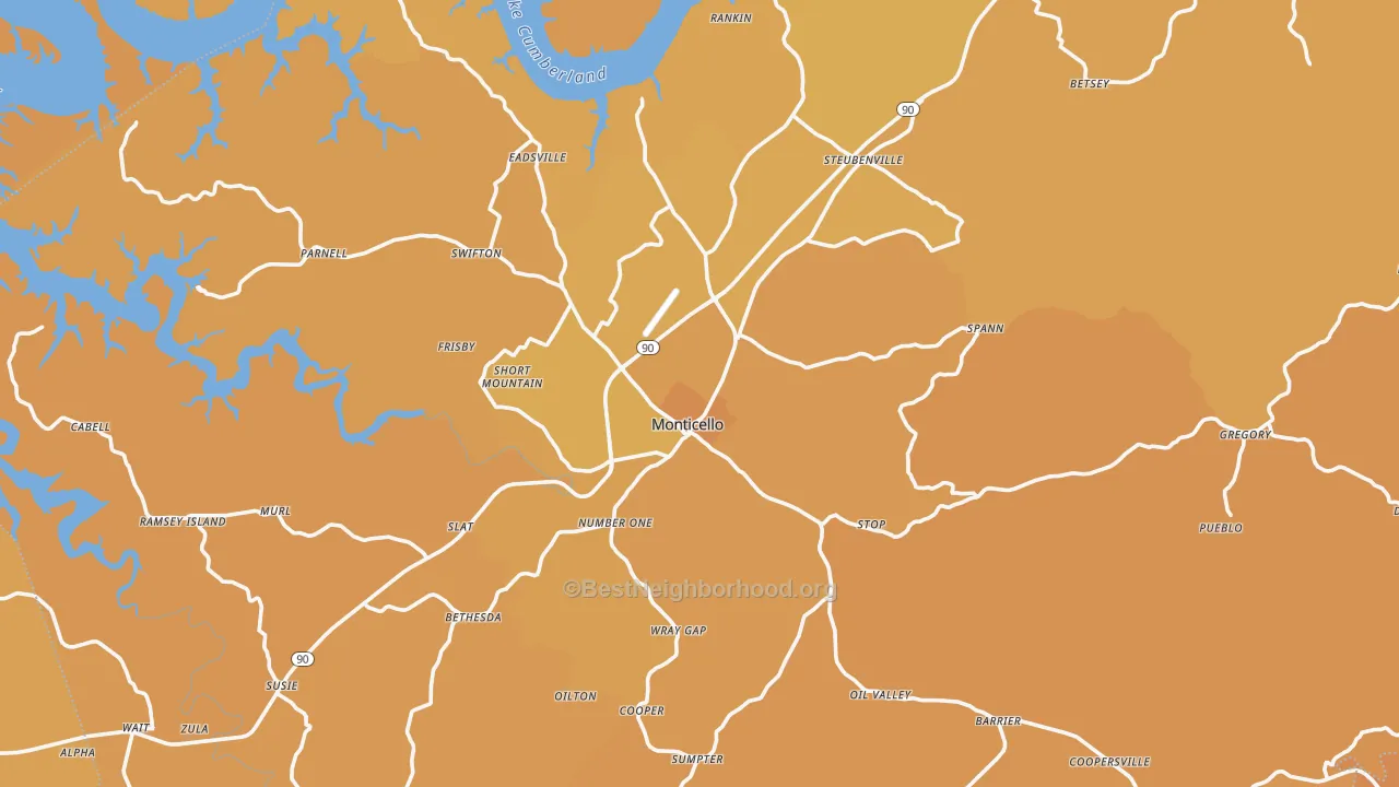 Map of the best neighborhoods in the Wayne County area, with better matches in green and worse matches in red