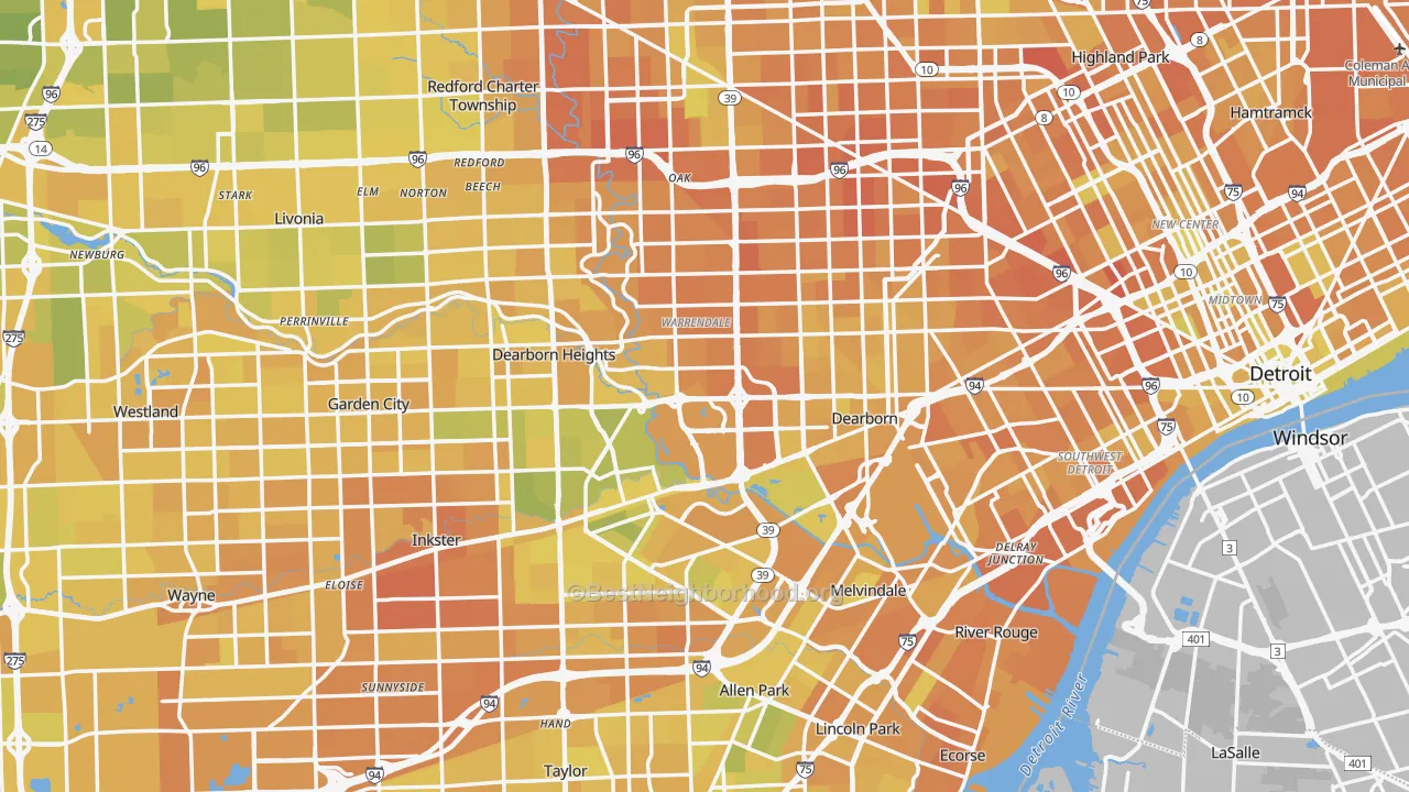 Map of the best neighborhoods in the Wayne County area, with better matches in green and worse matches in red
