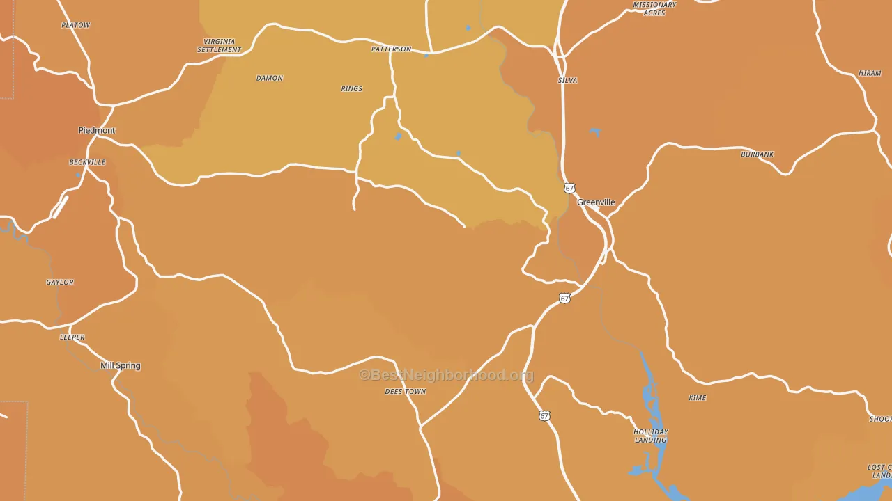 Map of the best neighborhoods in the Wayne County area, with better matches in green and worse matches in red