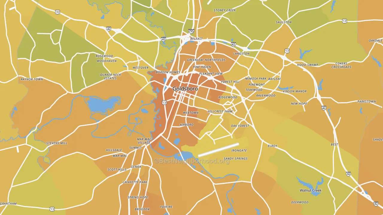 Map of the best neighborhoods in the Wayne County area, with better matches in green and worse matches in red