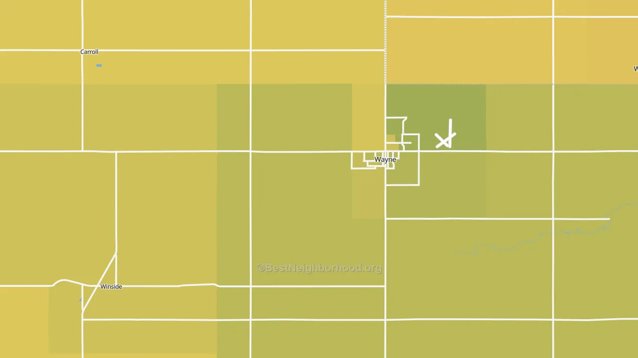 Map of the best neighborhoods in the Wayne County area, with better matches in green and worse matches in red