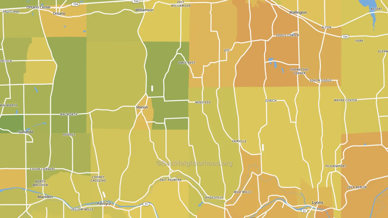 Map of the best neighborhoods in the Wayne County area, with better matches in green and worse matches in red