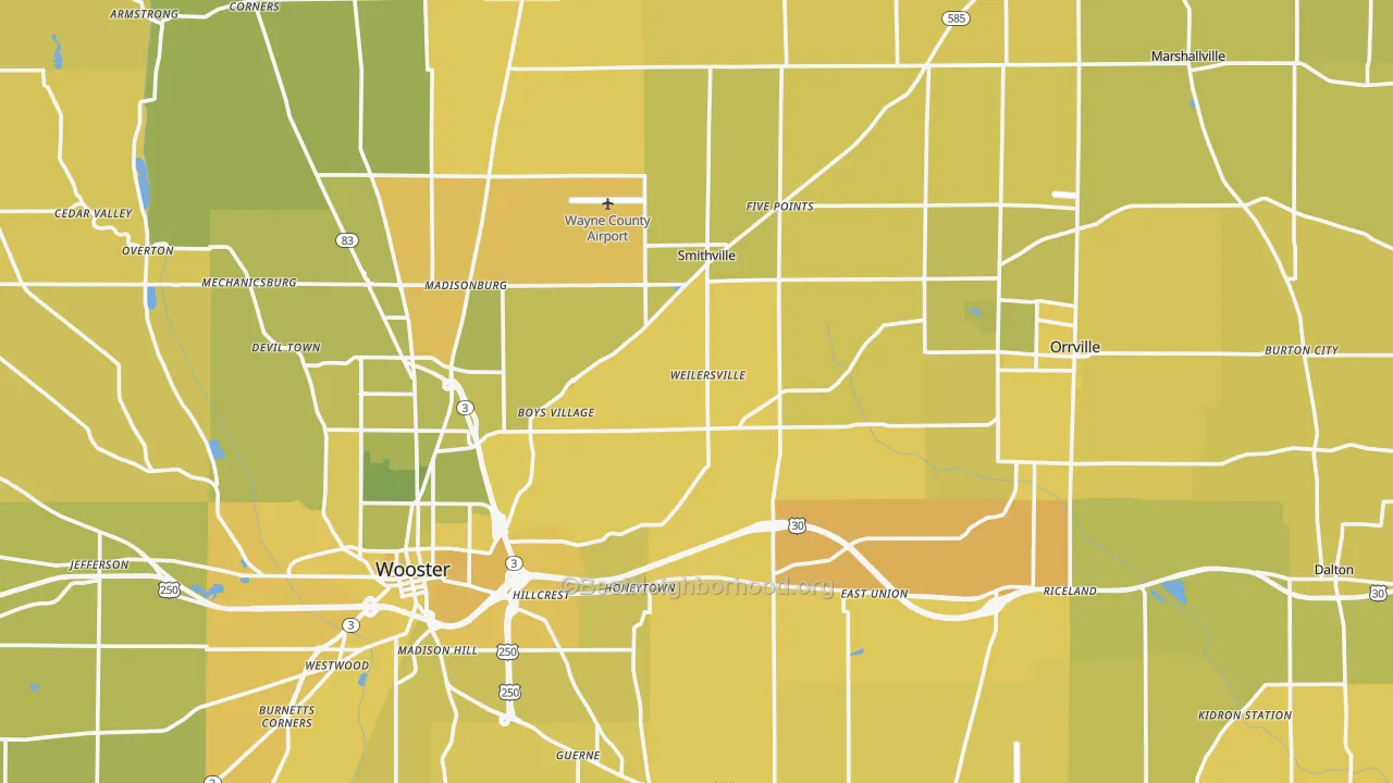 Map of the best neighborhoods in the Wayne County area, with better matches in green and worse matches in red
