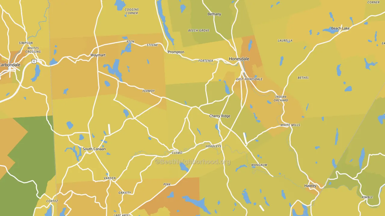 Map of the best neighborhoods in the Wayne County area, with better matches in green and worse matches in red